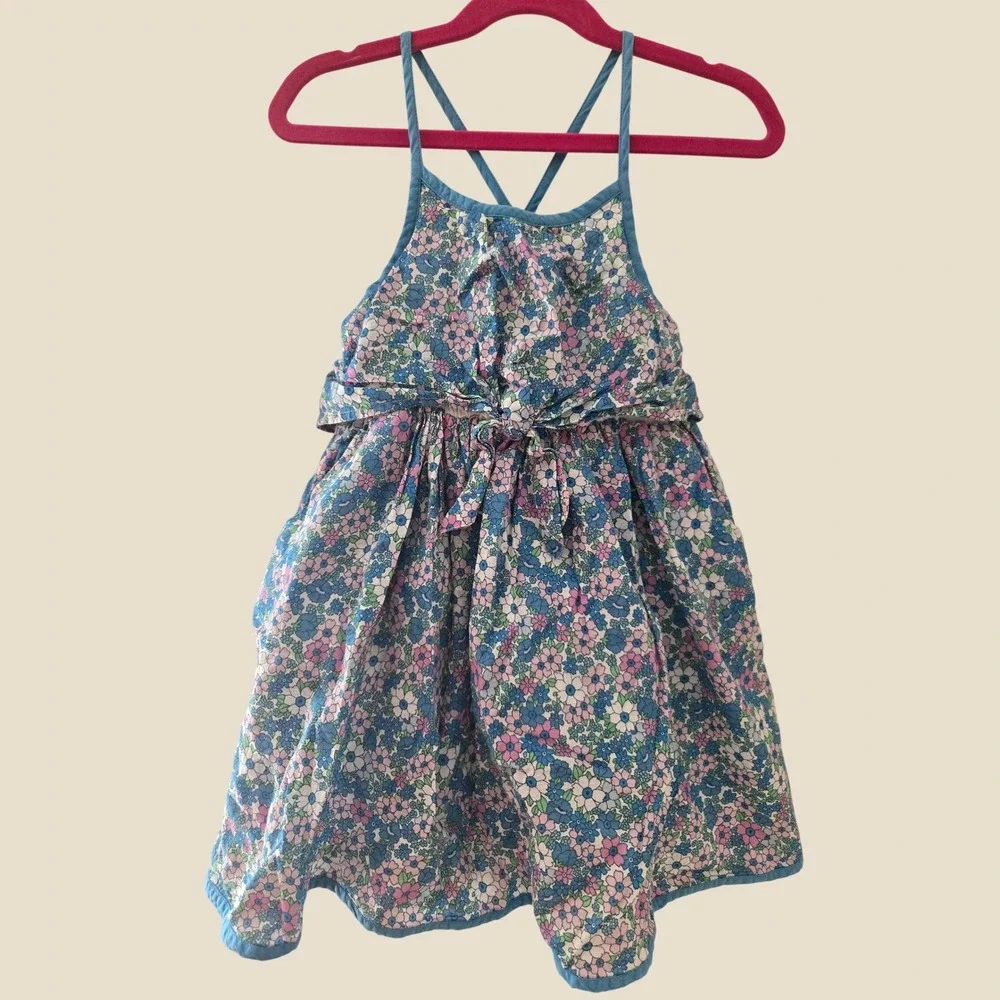 Boden Kids Blue Pink Floral Cotton Sun Dress Adjustable Straps Size 4-5Y 110cm