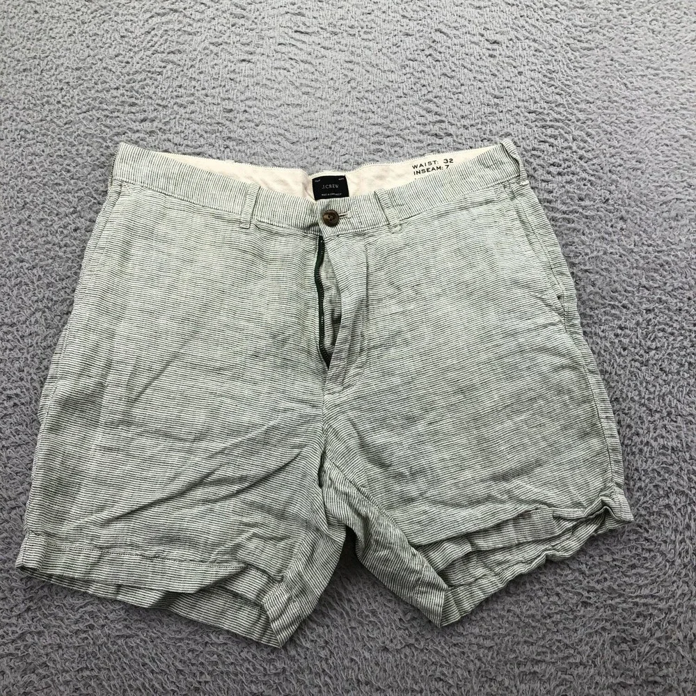 J. Crew Shorts Mens 32 Green Striped Chino Flat Front 7 Inseam Linen Casual