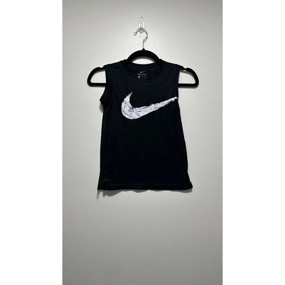 Nike Dri-FIT Kids Small Black Sleeveless Tank Top Brushstroke Swoosh Graphic