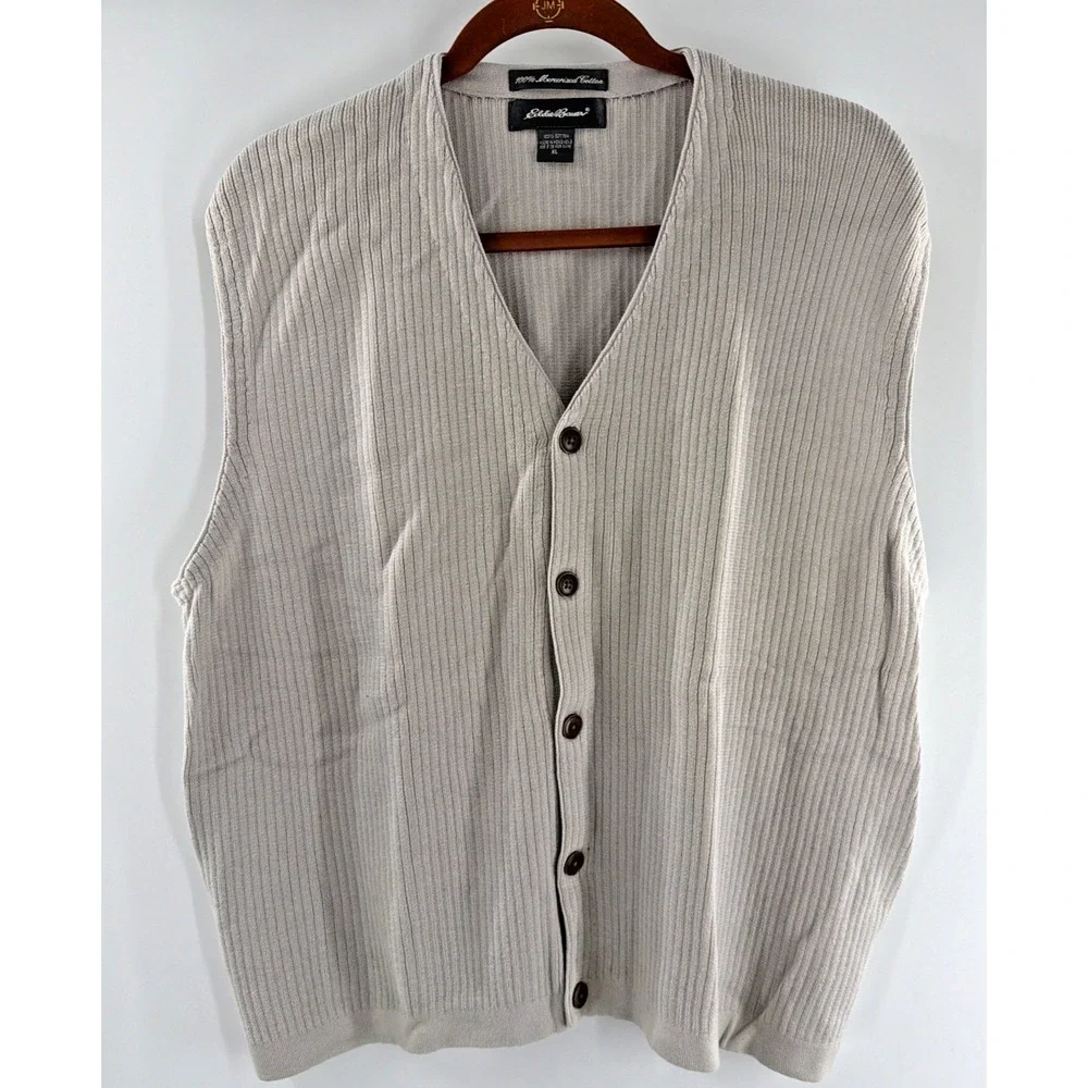 Vintage Eddie Bauer Ribbed Knit Cardigan Sweater Vest Mens XL Beige Y2K 90's