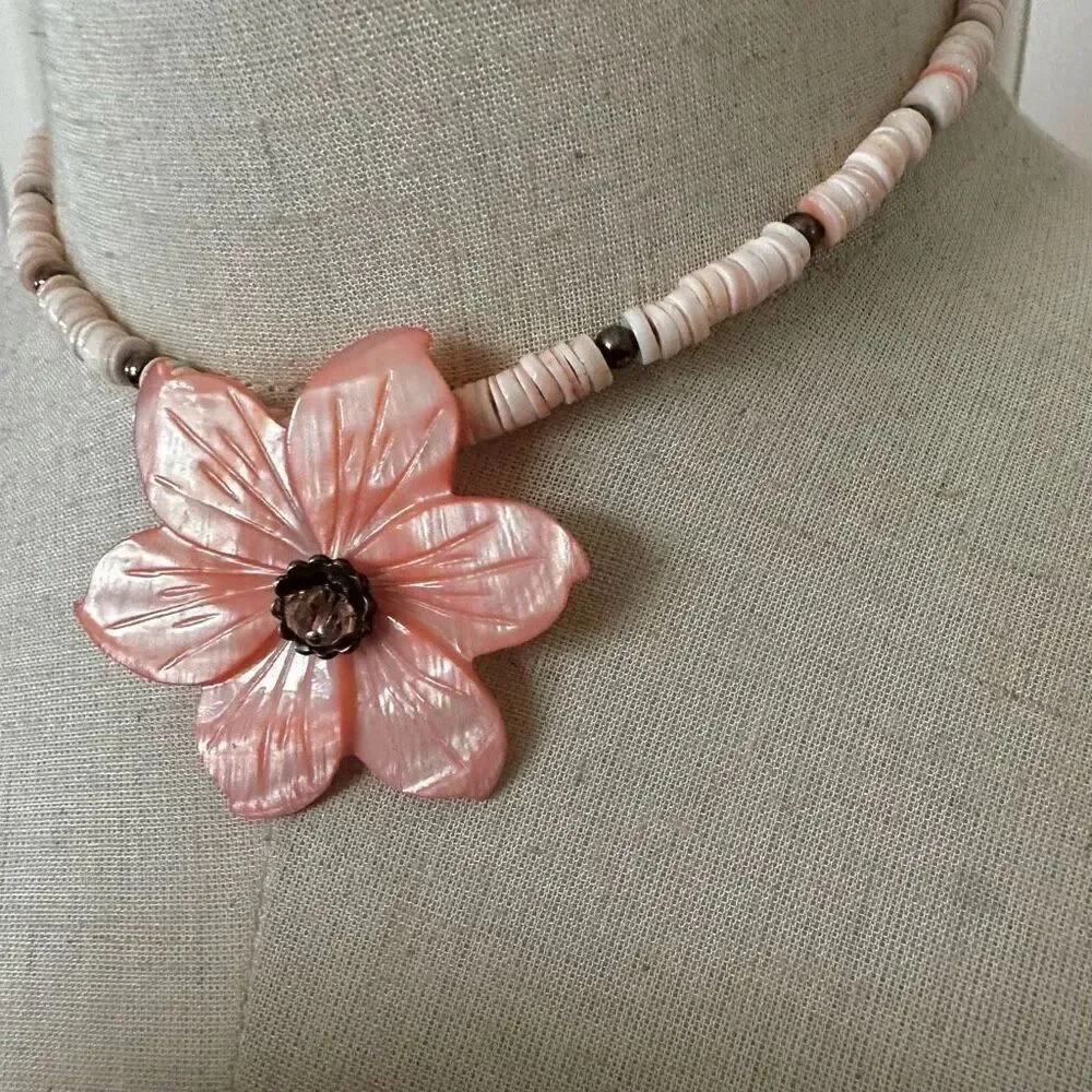 Sterling pink abalone flower necklace sterling silver