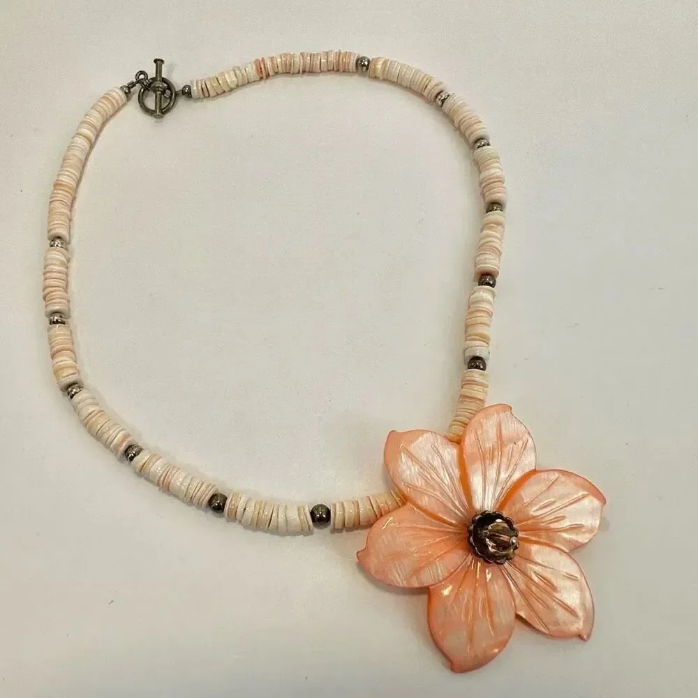 Sterling pink abalone flower necklace sterling silver