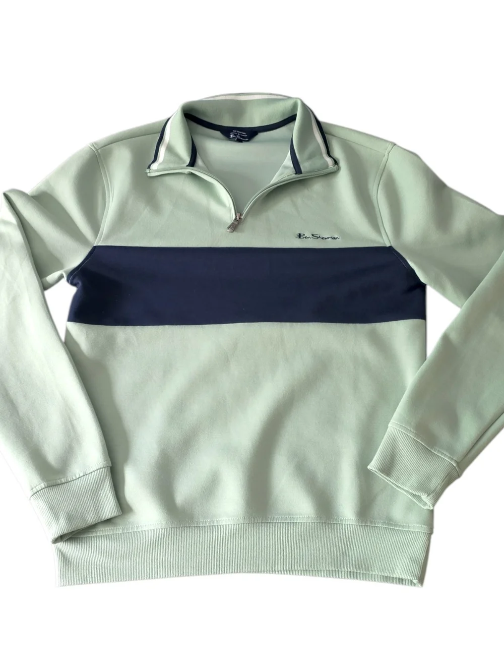 Ben Sherman Men’s Quarter Zip Pullover Sage Green Navy Stripe Small