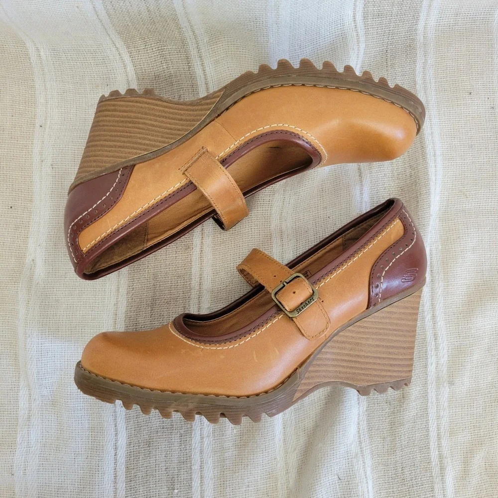 Retro Skechers Leather Heeled Mary Janes Shoes Tan Size 8.5