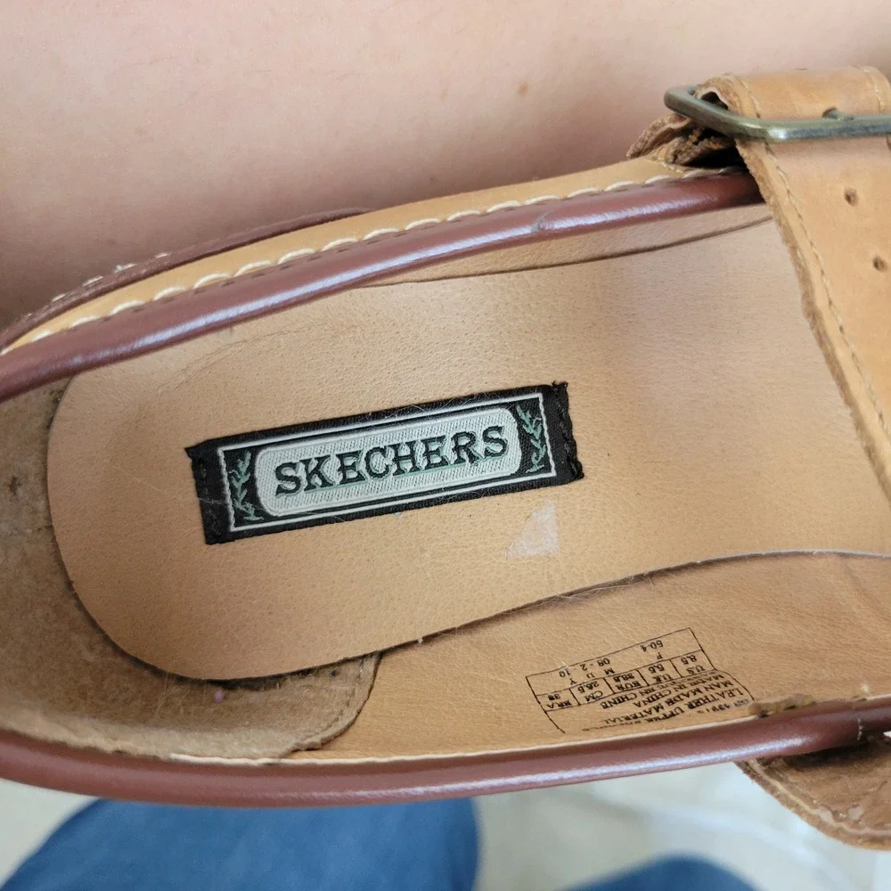 Retro Skechers Leather Heeled Mary Janes Shoes Tan Size 8.5