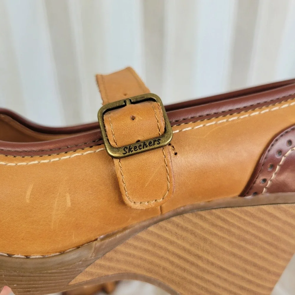 Retro Skechers Leather Heeled Mary Janes Shoes Tan Size 8.5