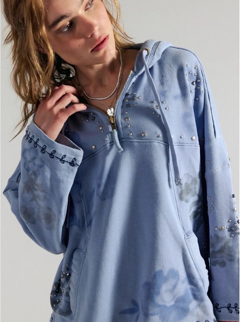 NWT Free People Sweatshirt Silver Studded Floral Embroidered - Half Zip Hoodie