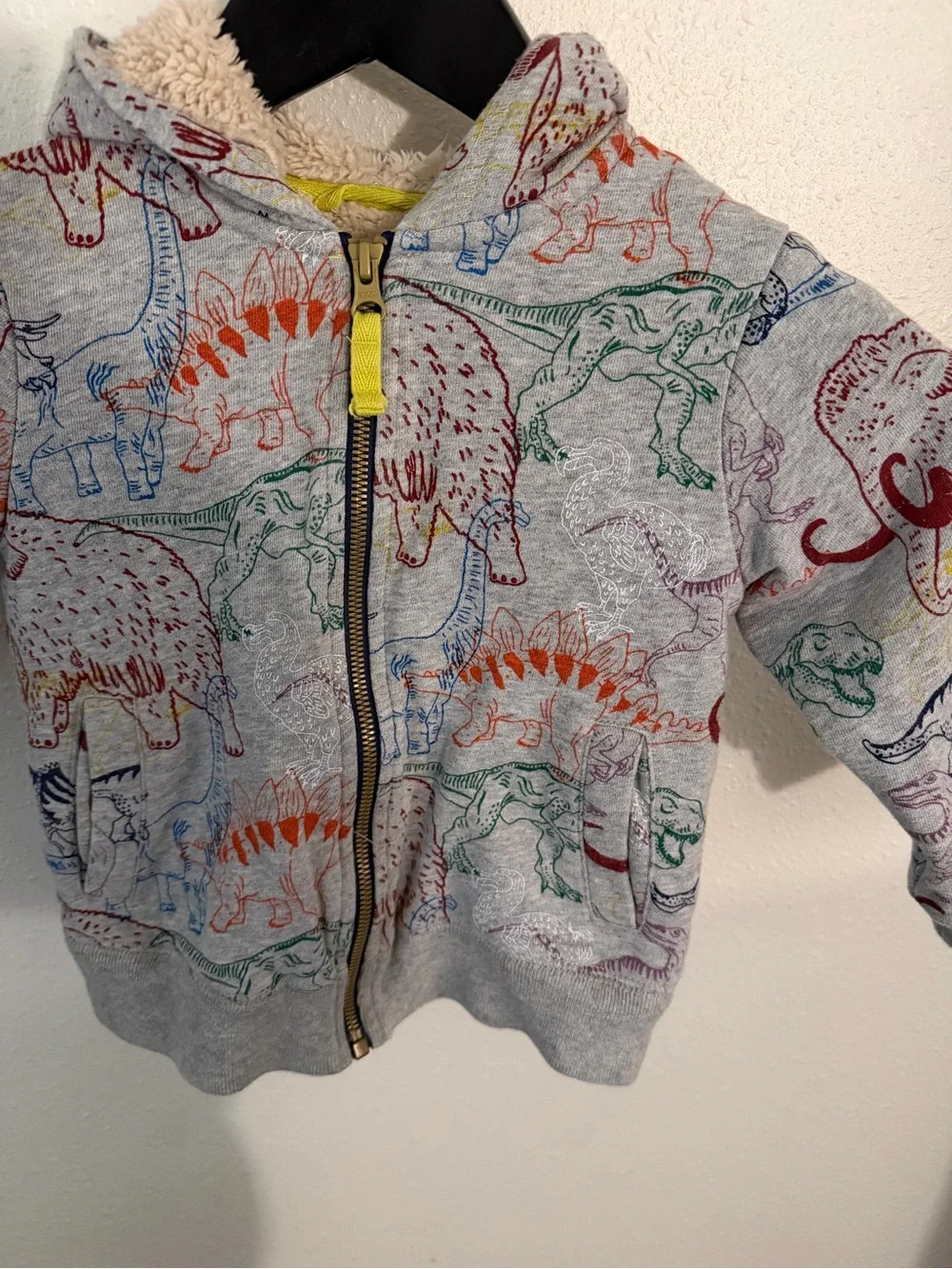Mini Boden Kids’ Gray Dinosaur Print Zip-Up Sherpa-Lined Hoodie Size 2-3Y