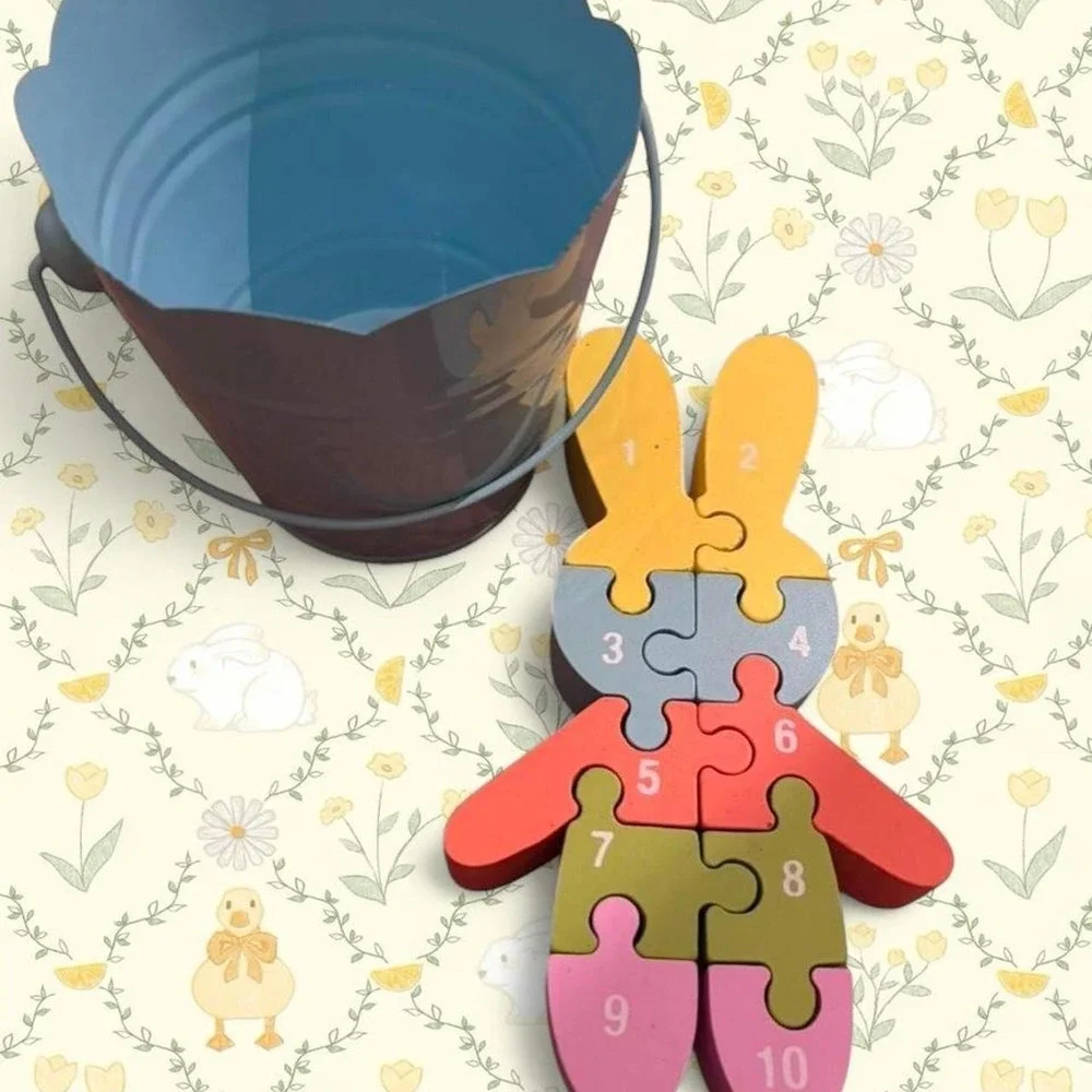 Wooden‎ number bunny puzzle with metal tin bucket