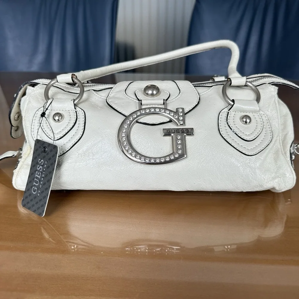 G By‎ Guess Cream Handbag Vintage Y2k Buckle Detail Studded Satchel Silver *New*