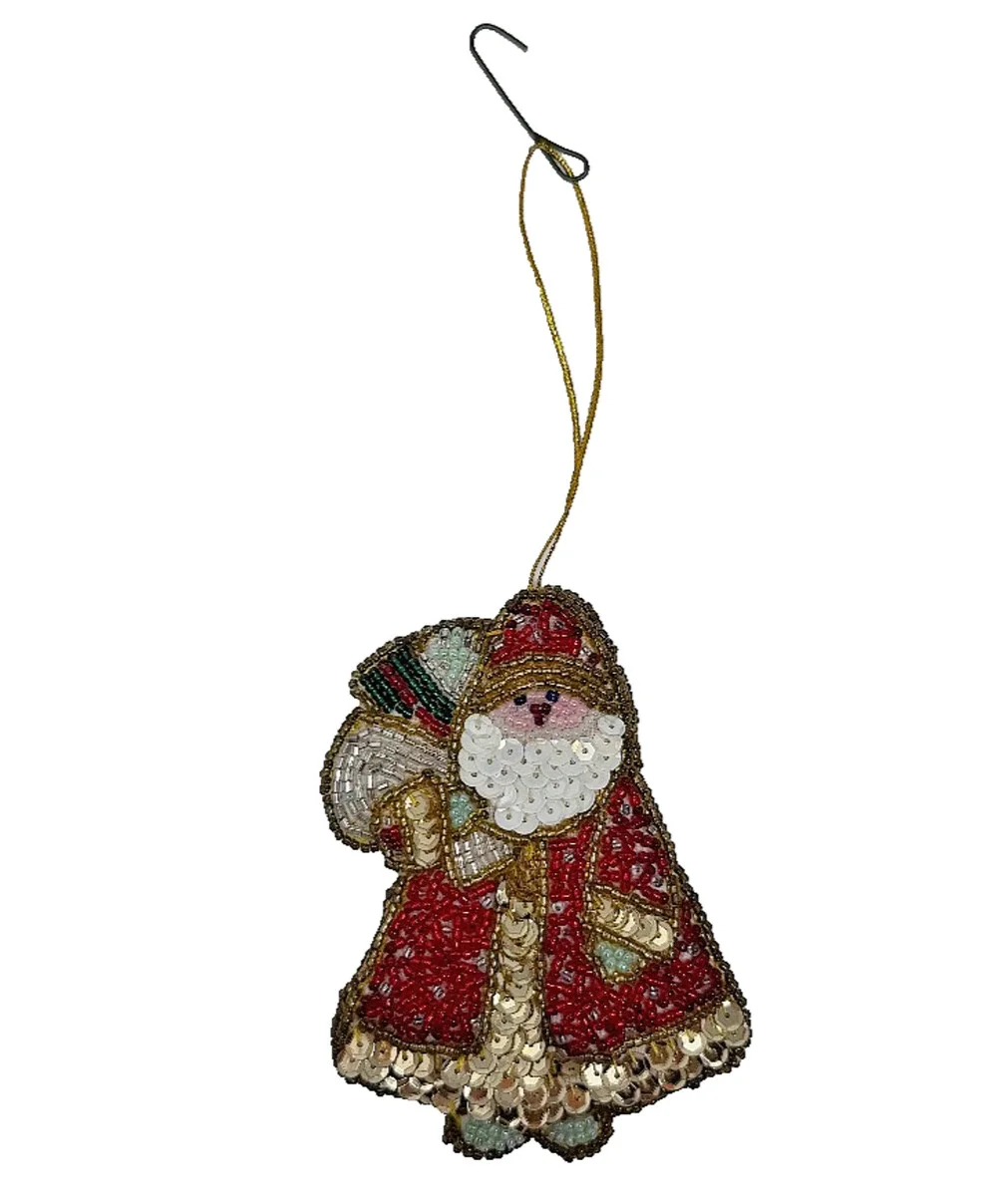 Vintage Handmade Beaded Sequin Santa Claus Christmas Tree Ornament 4