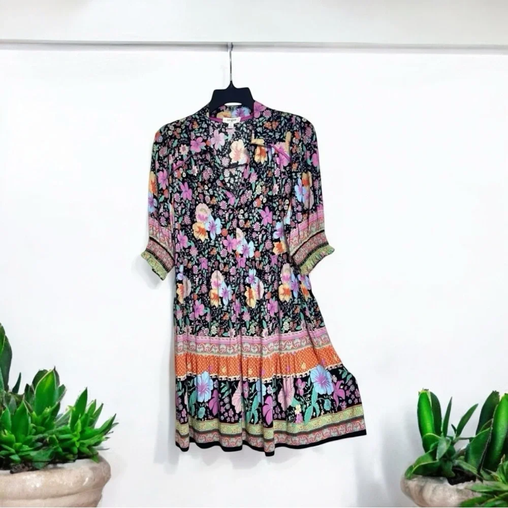 Umgee Floral Boho Multicolor Short Sleeve Casual Dress Size‎ S