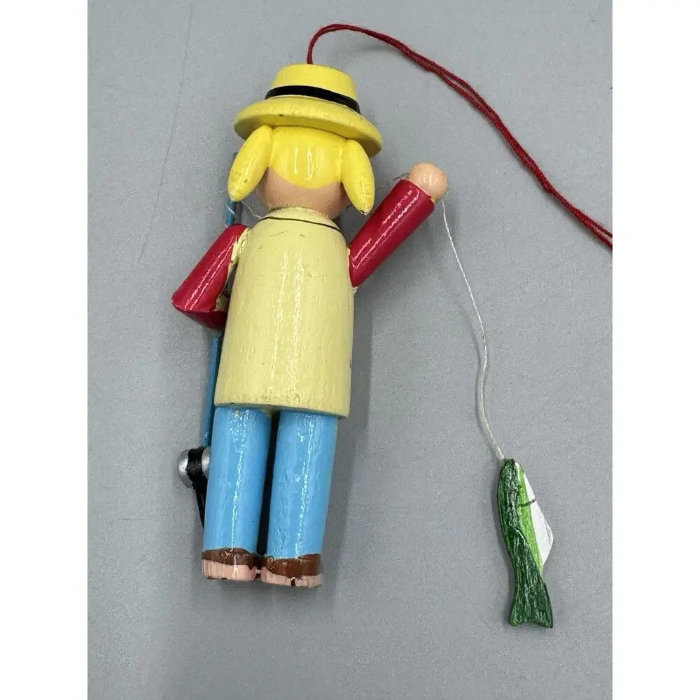 Christmas Ornament Wooden Fisherwoman Woman Fishing Holding Fish & Rod‎ 3”
