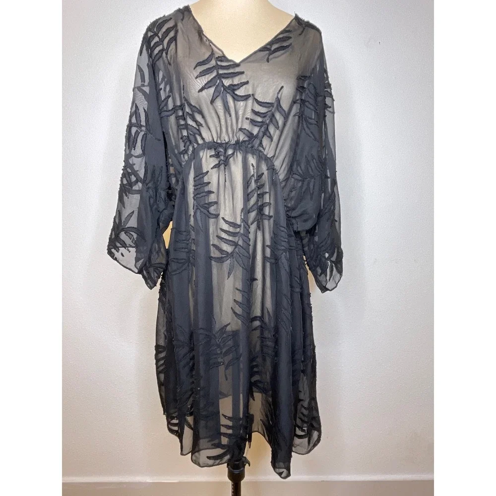 Women Cover Up Sheer Embroidered Leaf Kimono Dress One Size Black