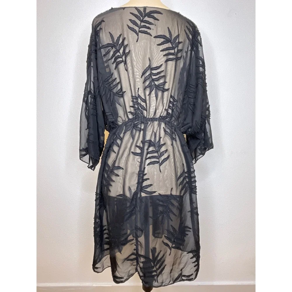 Women Cover Up Sheer Embroidered Leaf Kimono Dress One Size Black