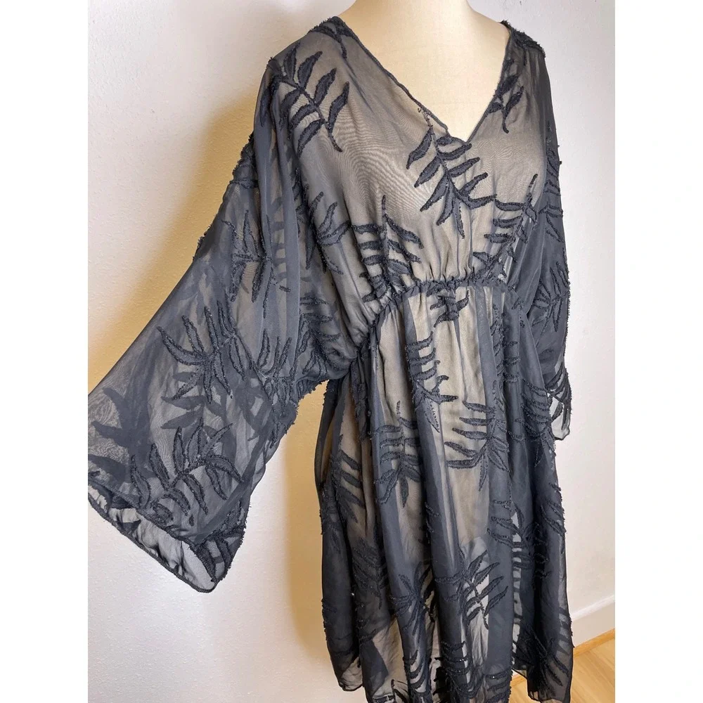 Women Cover Up Sheer Embroidered Leaf Kimono Dress One Size Black