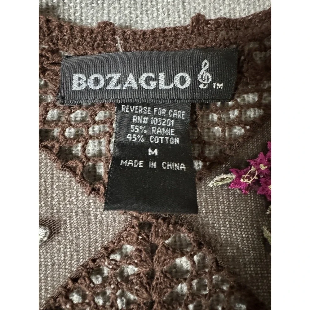 Bozaglo Women's Brown Crochet Open Front Sweater With Pink Floral Size Medium