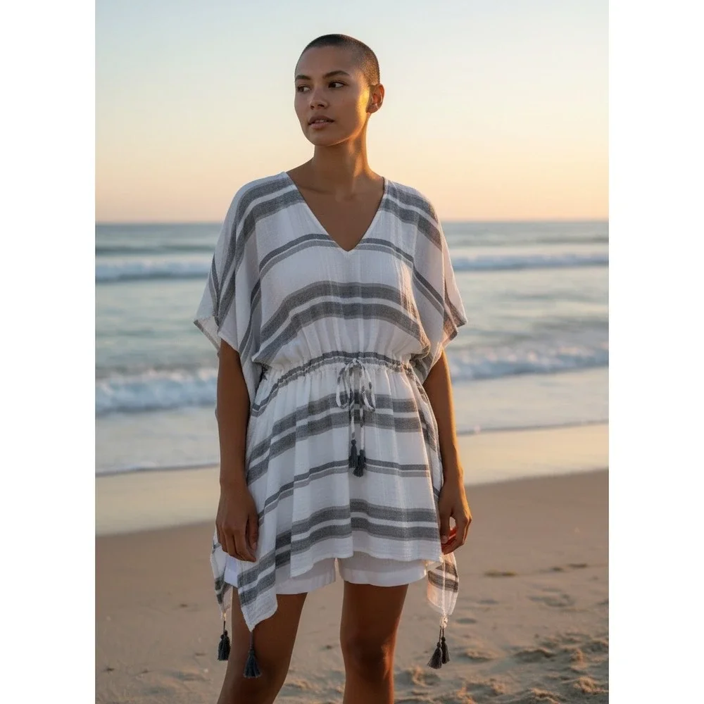 Life is Good Womens White Grey Striped Cotton Gauze Kaftan Cover Up‎ M/L