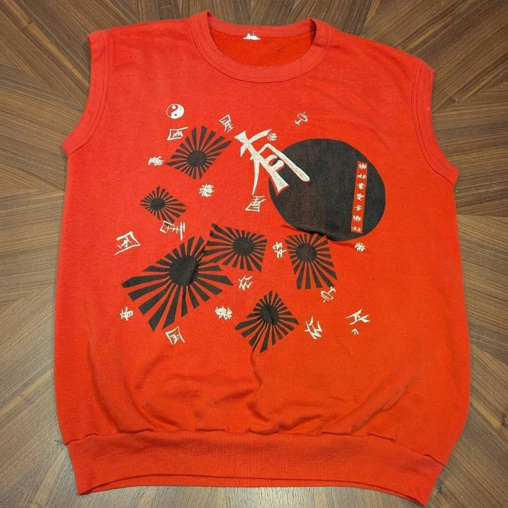 Vintage Japanese Graphic Tank Top Women Red Good Sunburst Kanji Sleeveless M