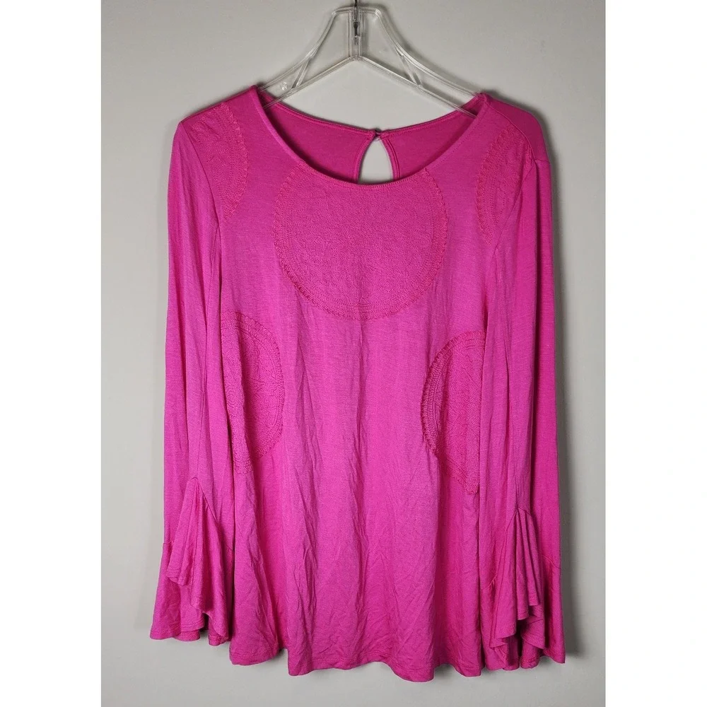 Pink Long Sleeve Top Bell Sleeve‎ Crochet Details Women's Blouse