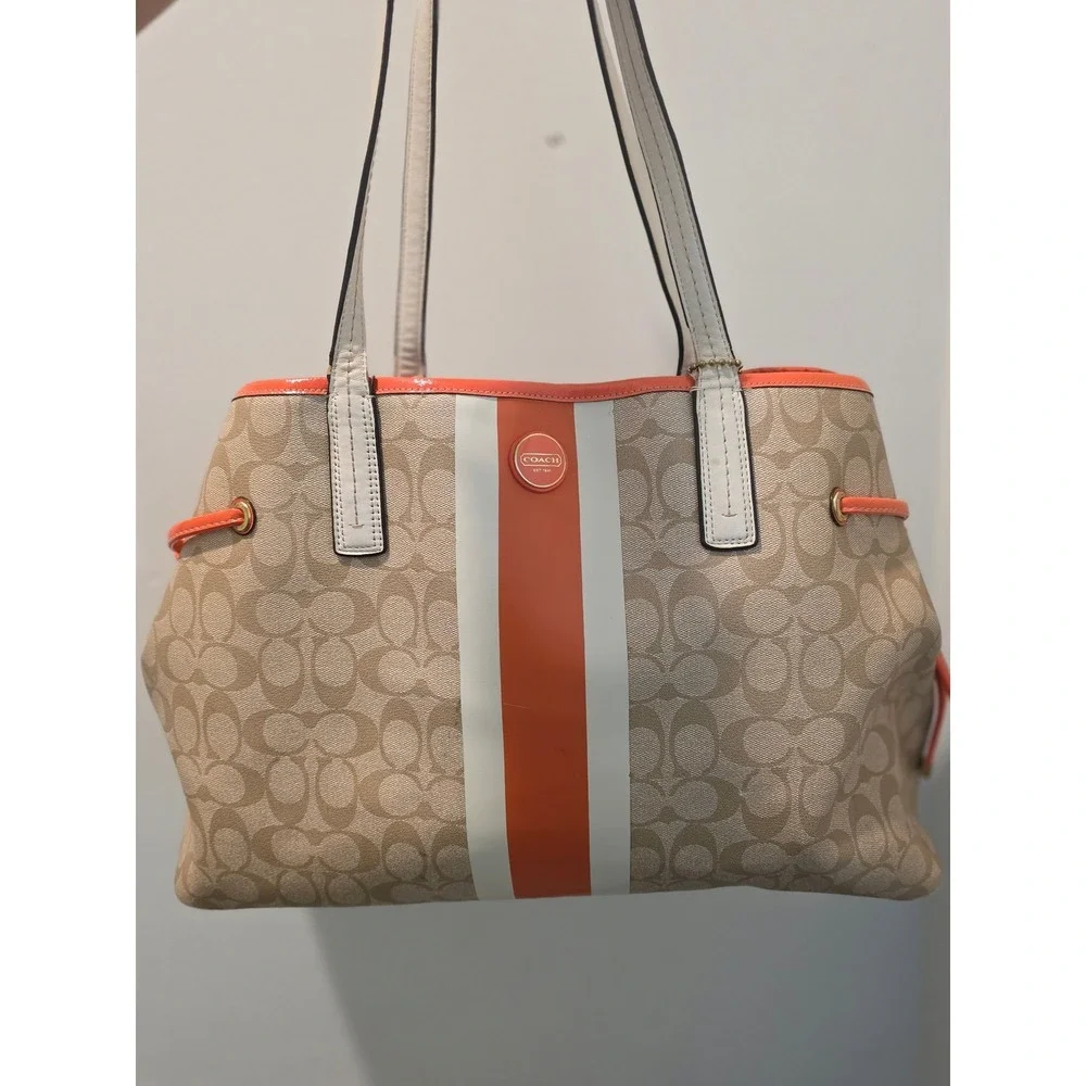 Coach‎ Heritage Stripe Drawstring Tote Bag Khaki Orange Signature Canvas F18923