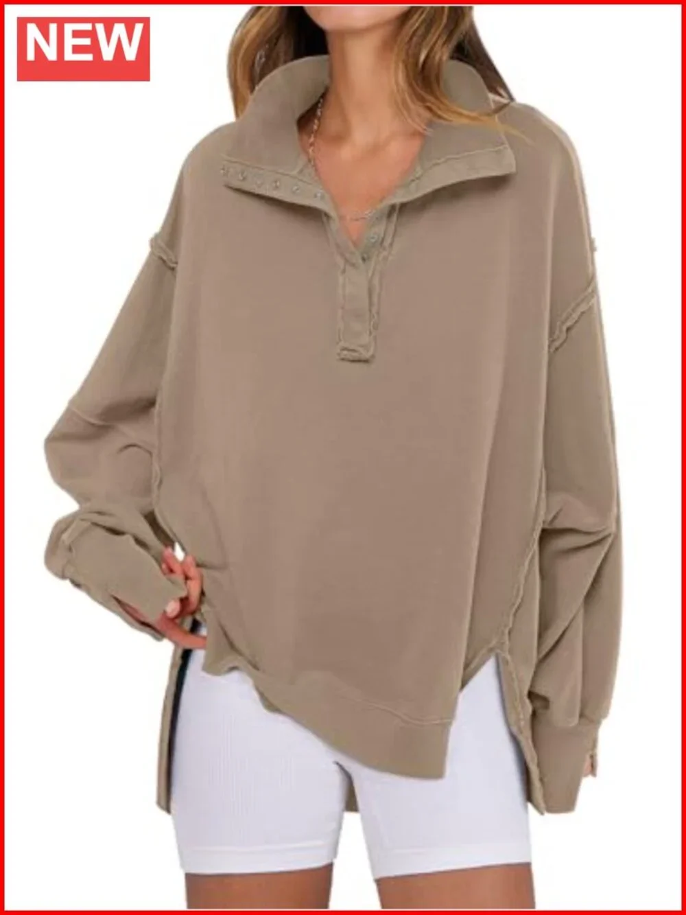 Oversized Henley Sweatshirt Long Sleeve Casual Pullover Top