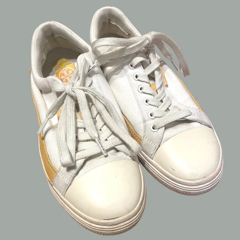 Tory Burch Classic‎ Court Canvas Sneaker 9.5 womens Ivory White Canvas Yellow