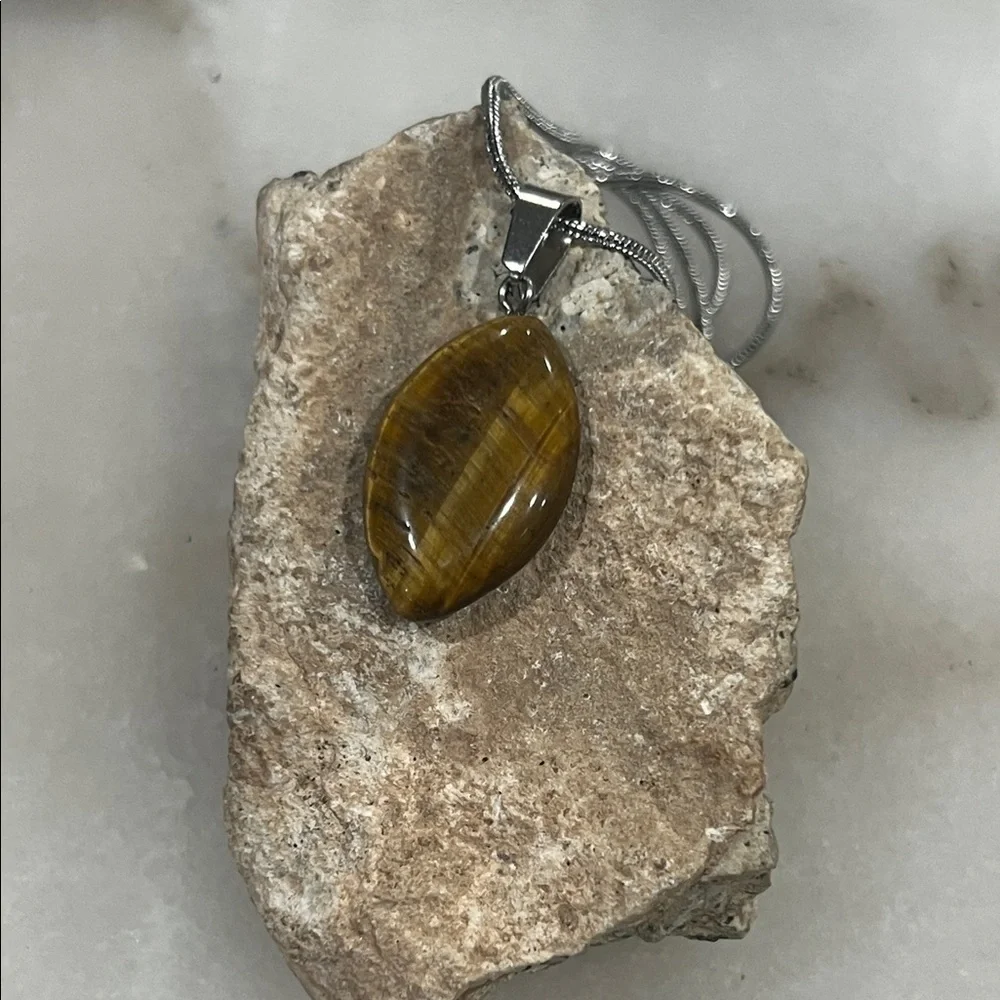 Natural Tiger Stone Marquis Pendant Necklace