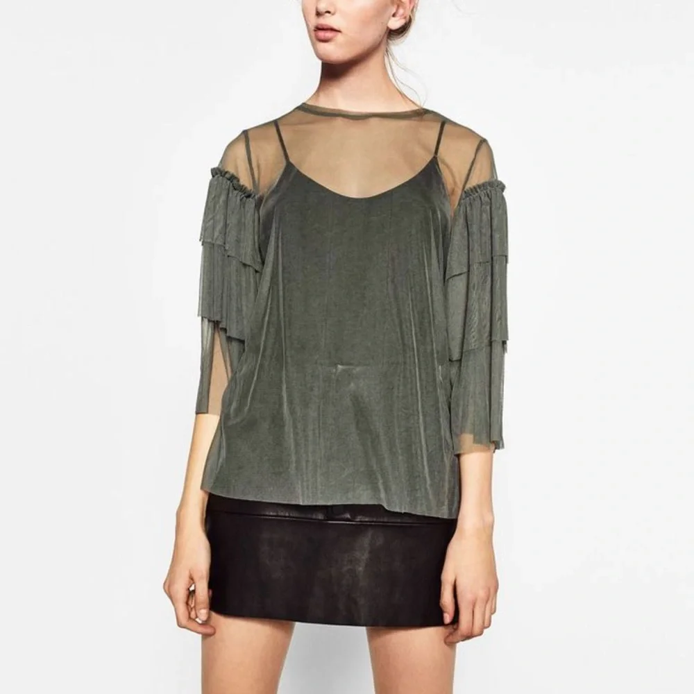 Zara Blouse Top Sheer Dark Green M