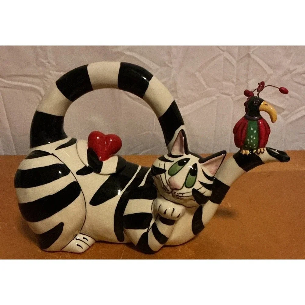 Blue Sky Teapot Clancy Hearts Black White Striped Cat Teapot Bird Hearts‎ Signed